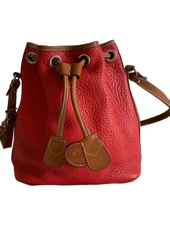 Dooney & Bourke Handbags - DOONEY & BOURKE Vintage Red & Tan Small Drawstring Bucket Pebbled Leather Bag